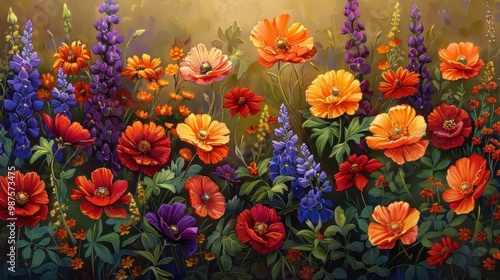 Vibrant Floral Garden with Blooming Colorful Flowers including Red Poppies Purple Lupines and Orange Zinnia in Lush Natural Setting Scenic Botanical Background for Wallpaper Decor