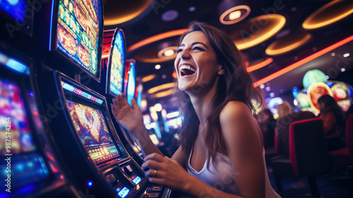 Woman playing casino slots. gambling emotions