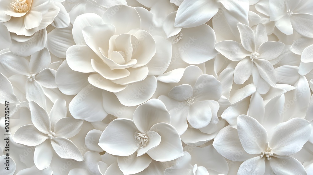 Fototapeta premium Elegant White Floral Botanical Background with Delicate Petals and Blossoms
