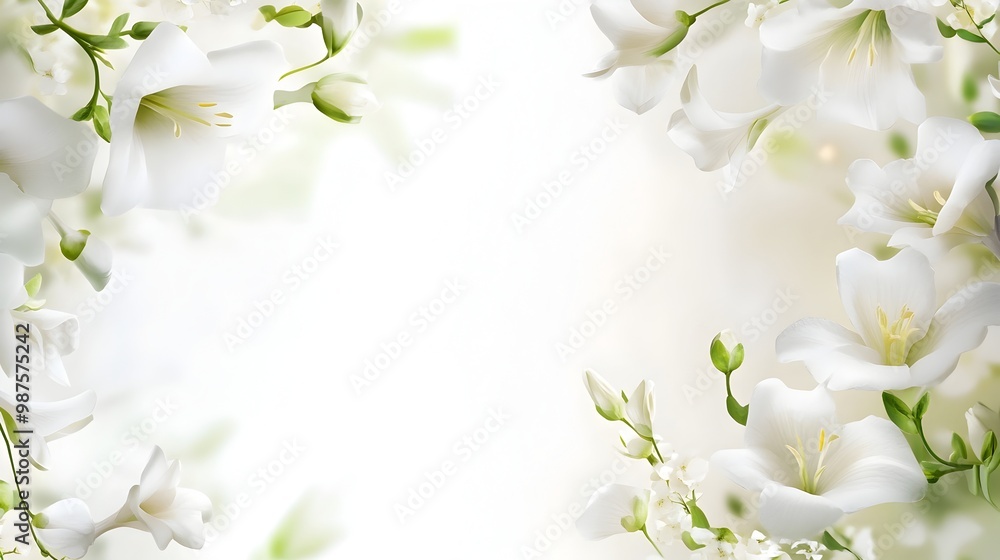 Fototapeta premium Elegant white freesia floral background with blossoms and petals in natural light