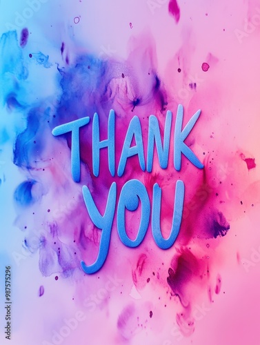 Thank you written in blue and pink ink on a pink background photo