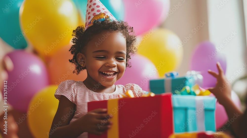 Child opening presents at a birthday party, with colorful balloons, party hats, and excited friends all around Child opening presents at a birthday party, with colorful balloons, party hats, and excited friends all around