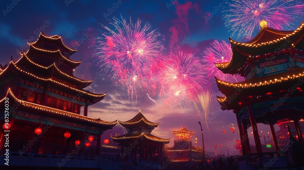 Fireworks and Festivities Photograph of Chinese new year fireworks celebrations on the chinese temple background Fireworks and Festivities Photograph of Chinese new year fireworks celebrations on the chinese temple background
