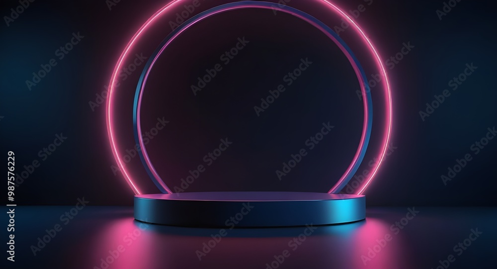 Abstract 3D dark blue cylinder pedestal podium with glowing semicircle neon backdrop. Technology futuristic scene. Sci-fi platform concept. Modern vector rendering for product display presentation Abstract 3D dark blue cylinder pedestal podium with glowing semicircle neon backdrop. Technology futuristic scene. Sci-fi platform concept. Modern vector rendering for product display presentation