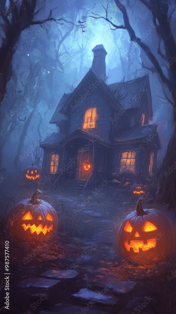 Dark Halloween house with sinister pumpkins, eerie night scene with glowing horror elements. Dark Halloween house with sinister pumpkins, eerie night scene with glowing horror elements.