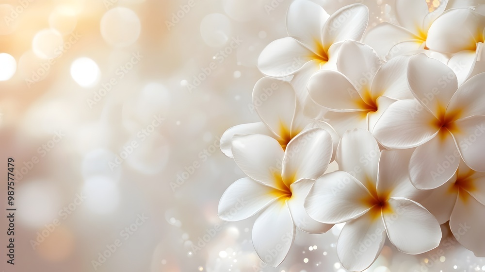 Elegant White Plumeria Floral Background with Soft Bokeh Lighting Effect Elegant White Plumeria Floral Background with Soft Bokeh Lighting Effect