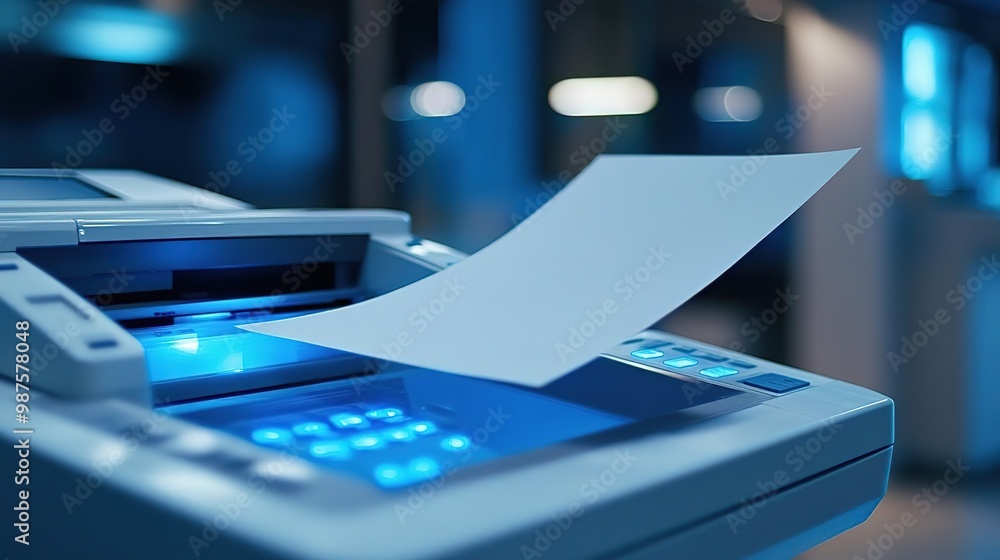 Fototapeta premium Close-up of a modern photocopier with a sheet of paper in a dimly lit office environment, showcasing technology and design.