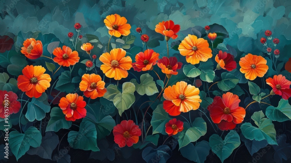 Lush and Vibrant Blooming Flowers in a Flourishing Garden Colorful red orange and yellow petals against a backdrop of green foliage creating a natural and beautiful scene Lush and Vibrant Blooming Flowers in a Flourishing Garden Colorful red orange and yellow petals against a backdrop of green foliage creating a natural and beautiful scene