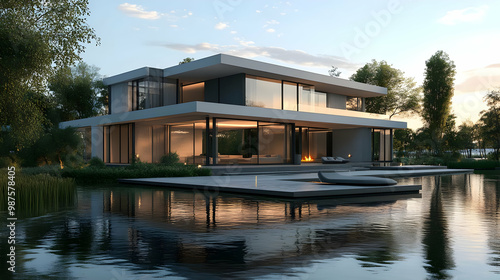 Modern House with a Pond Reflection 3D Illustration