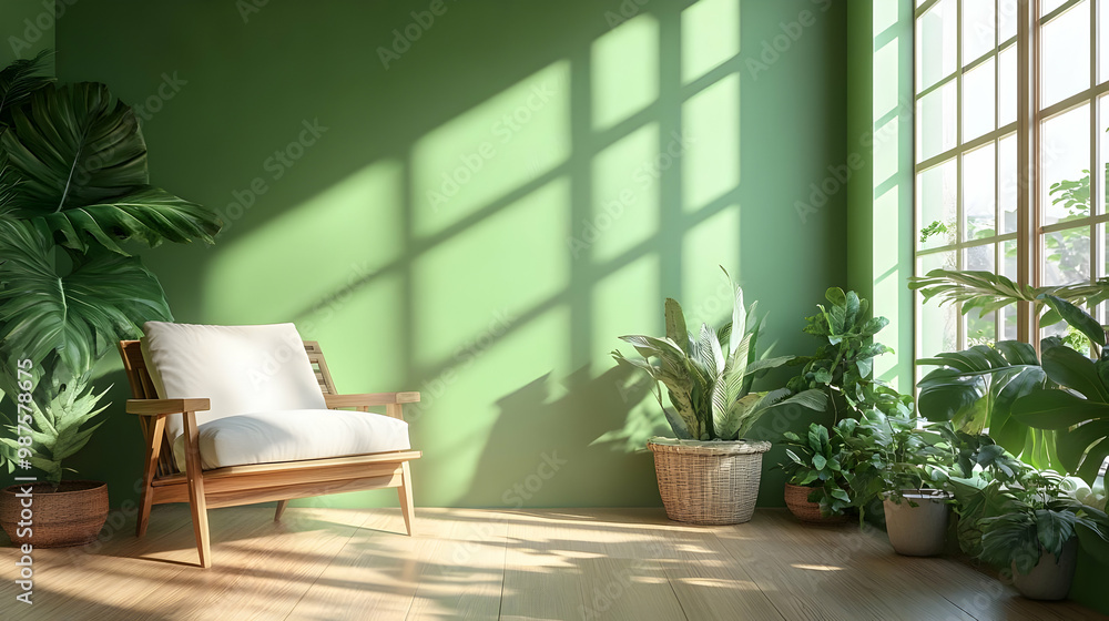 Green Living Room 3D Render with Wooden Chair and Plants Green Living Room 3D Render with Wooden Chair and Plants