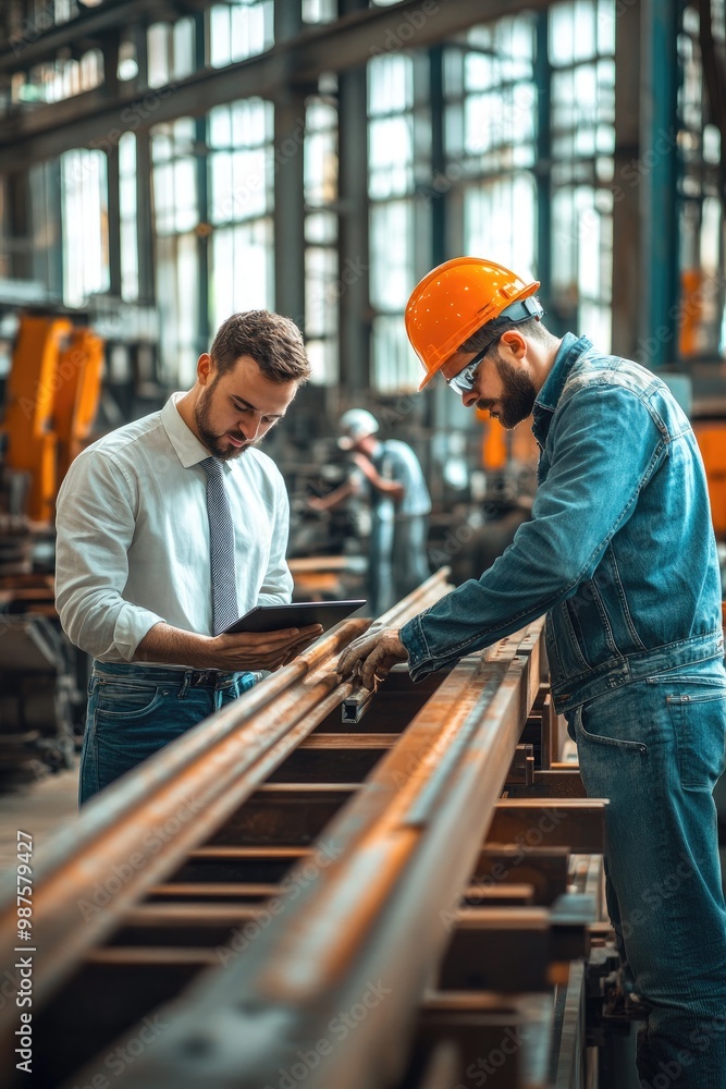 Two men inspecting metal beams in a factory setting, focusing on industrial work. Two men inspecting metal beams in a factory setting, focusing on industrial work.