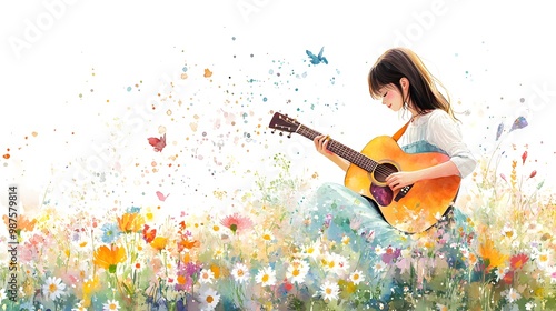 A beautiful woman plays the guitar in a field of flowers, against a white background, in a watercolor style