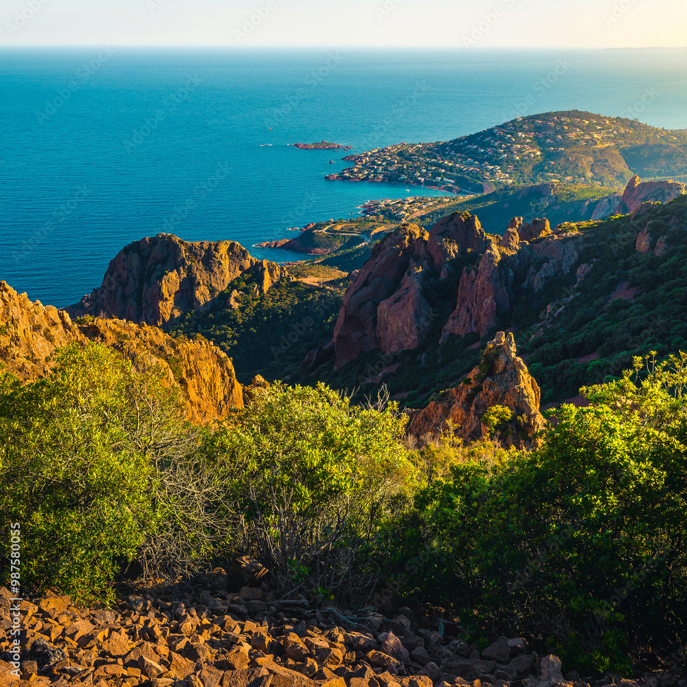 Blue sea and rock formations in the Esterel massif, France