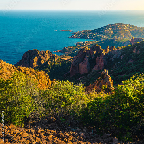 Blue sea and rock formations in the Esterel massif, France