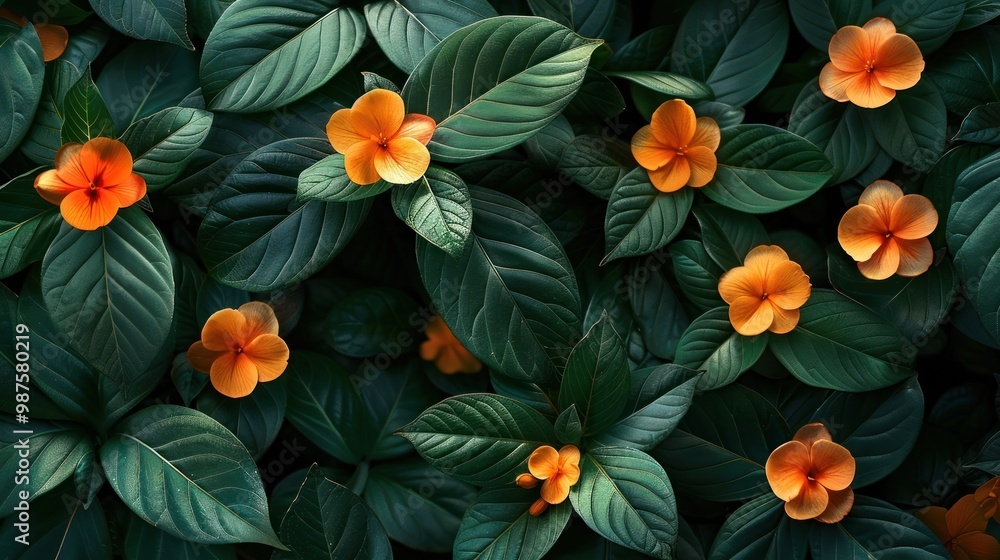 Vibrant and Tropical Orange Flowers Blooming in Lush Green Foliage Close up view of beautiful orange blossoms with detailed petals and leaves creating a natural botanical background Vibrant and Tropical Orange Flowers Blooming in Lush Green Foliage Close up view of beautiful orange blossoms with detailed petals and leaves creating a natural botanical background