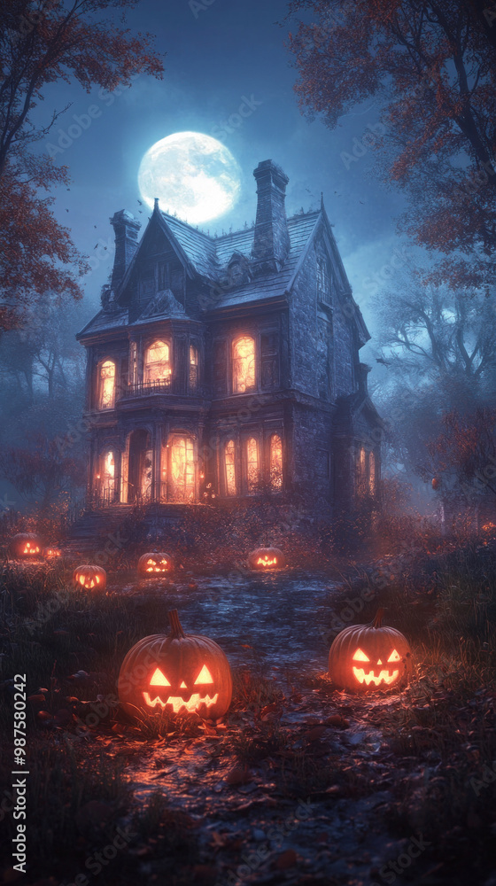 Haunted mansion with glowing pumpkins, bats, and full moon. Haunted mansion with glowing pumpkins, bats, and full moon.