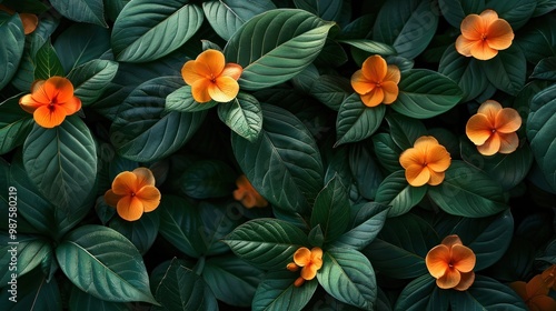 Vibrant and Tropical Orange Flowers Blooming in Lush Green Foliage Close up view of beautiful orange blossoms with detailed petals and leaves creating a natural botanical background