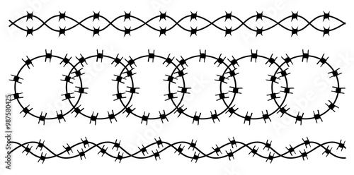 Horizontal Metal Steel Barbed Wire Elements Vector Illustration.	