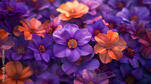 Vibrant purple and orange flowers in full bloom against a lush natural backdrop The delicate petals and vibrant colors create a captivating and serene floral display in a garden setting