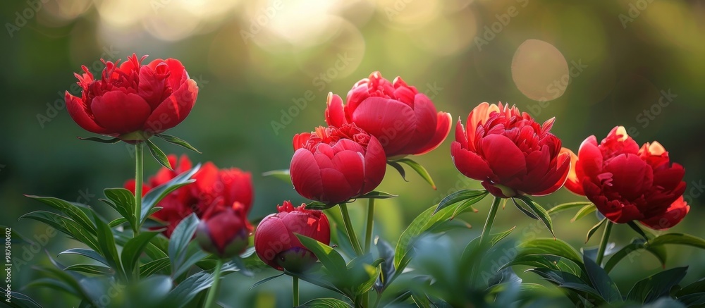 Fototapeta premium Breathtaking close up view of stunning red peony flowers in full bloom surrounded by lush green leaves and petals against a soft blurred natural background with beautiful bokeh effect The vibrant