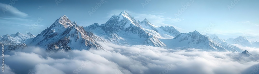 Majestic snow-capped mountains rise above a sea of clouds, showcasing nature's grandeur in a serene and picturesque landscape. Majestic snow-capped mountains rise above a sea of clouds, showcasing nature's grandeur in a serene and picturesque landscape.