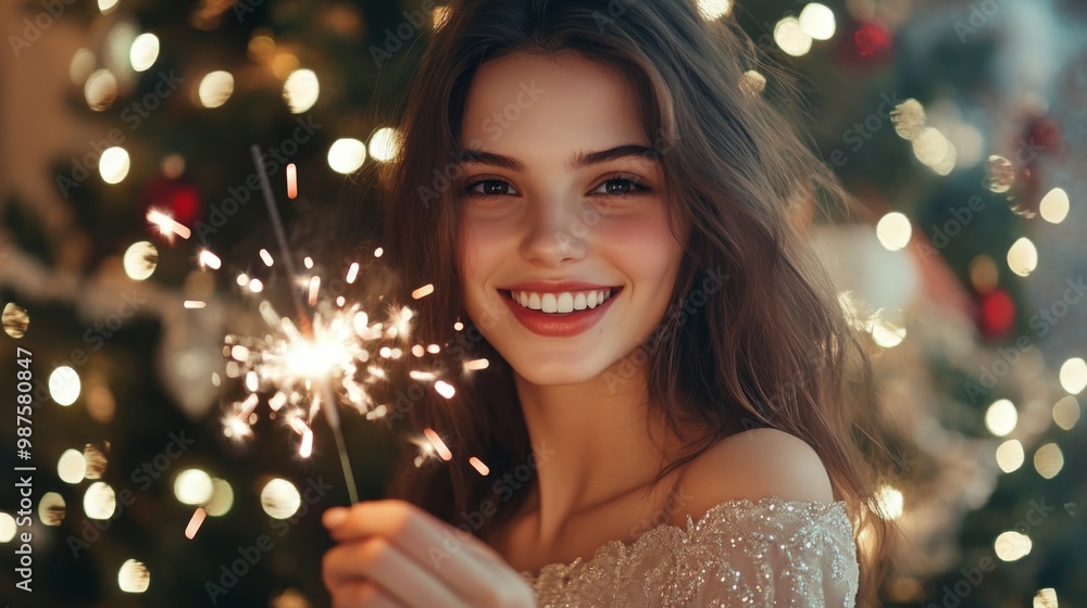 Girl with a sparkler near the Christmas tree. A cheerful young woman with a cute smile in a beige dress is standing and holding a sparkling sparkler in the hands against the background of the christma Girl with a sparkler near the Christmas tree. A cheerful young woman with a cute smile in a beige dress is standing and holding a sparkling sparkler in the hands against the background of the christma