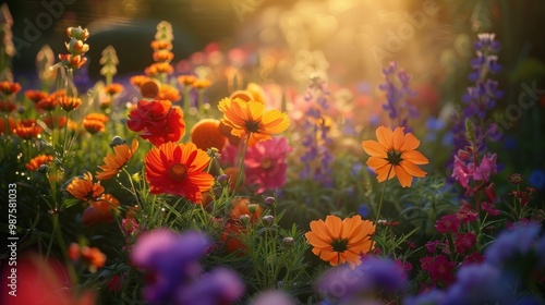 Vibrant and Colorful Floral Meadow with Blooming Flowers in Sunny Garden Landscape Beautiful natural scene with various types of plants petals and foliage in a serene outdoor environment