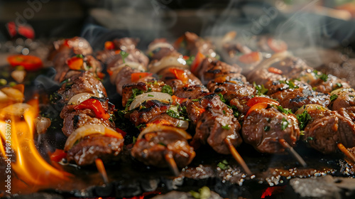 Grilled Meat Skewers with Onions and Peppers