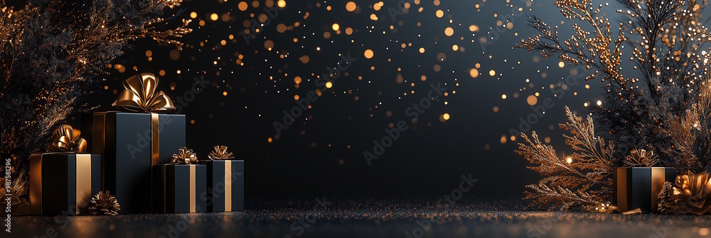 Luxurious black and gold gift boxes with festive decorations, elegant atmosphere, and sparkling lights, perfect for Black Friday or Christmas shopping Luxurious black and gold gift boxes with festive decorations, elegant atmosphere, and sparkling lights, perfect for Black Friday or Christmas shopping