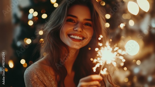 Girl with a sparkler near the Christmas tree. A cheerful young woman with a cute smile in a beige dress is standing and holding a sparkling sparkler in the hands against the background of the christma