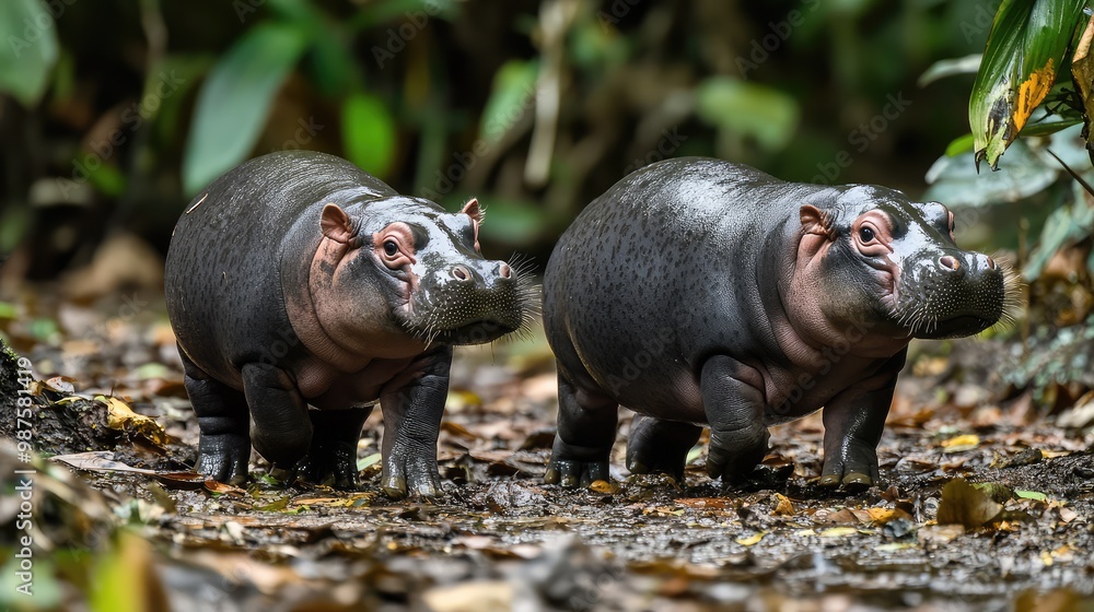 Two pygmy hippos walking side by side through a forest, their small tails wagging Two pygmy hippos walking side by side through a forest, their small tails wagging