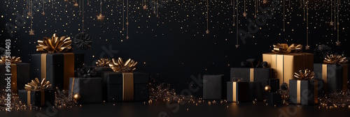 Glamorous black and gold wrapped gifts, hanging stars, and sparkling lights, creating a luxurious holiday atmosphere for Black Friday or Christmas shopping photo