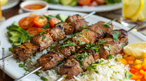 Grilled Meat Skewers with Rice and Fresh Herbs