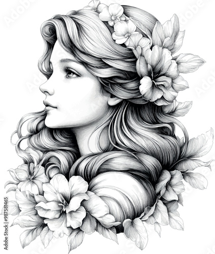 A highly detailed black-and-white ink illustration of the Virgo zodiac sign on a white background. The symbol features a maiden with flowing hair and soft, intricate floral engravi