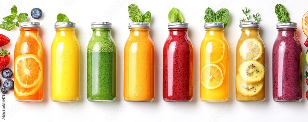 Fototapeta premium Colorful juice bottles with fruits and mint on white background