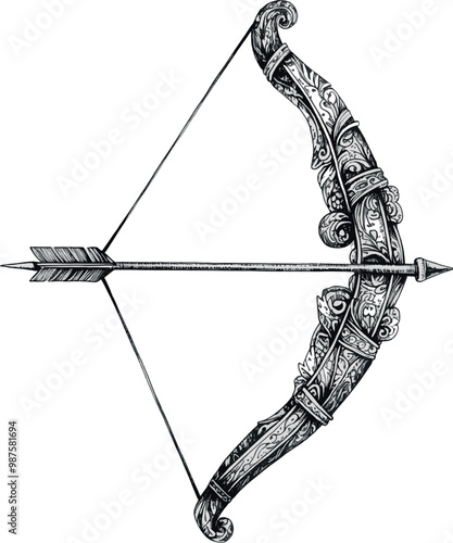 A highly detailed black-and-white ink illustration of the Sagittarius zodiac sign on a white background. The symbol features an archer's bow with intricate engravings, including ge