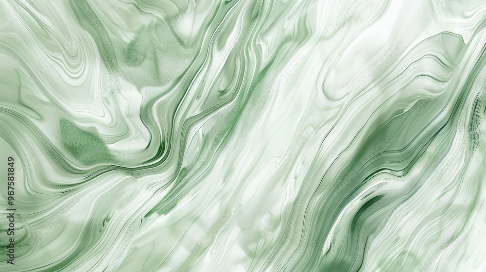 Obraz premium Fresh mint green background with marbled white ink patterns providing a smooth abstract design