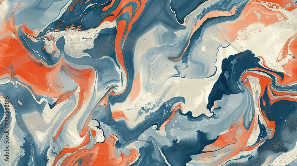 Obraz premium Contemporary sea blue background with contrasting coral and silver marbled ink for a fresh look