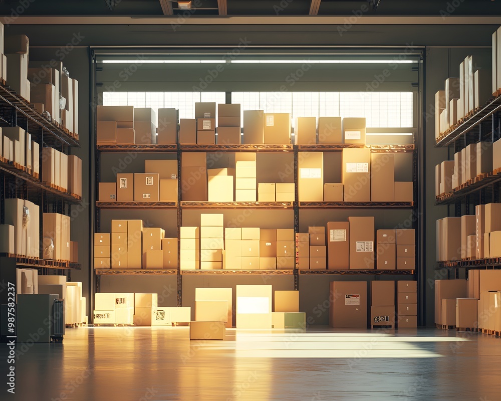 A spacious warehouse filled with neatly arranged boxes, illuminated by natural light streaming through large windows. A spacious warehouse filled with neatly arranged boxes, illuminated by natural light streaming through large windows.