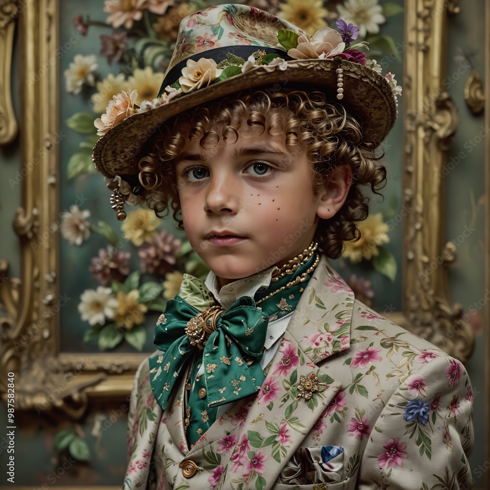 Fototapeta premium Joven, adolescente o niño con traje elegante y sombrero. Estilo vintage. 
