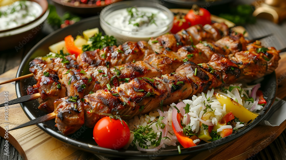 Grilled Chicken Skewers with Rice and Vegetables Delicious Dinner Grilled Chicken Skewers with Rice and Vegetables Delicious Dinner