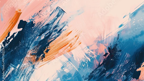 Vibrant wallpaper with blue and orange strokes creating contrast on a pale pink backdrop photo