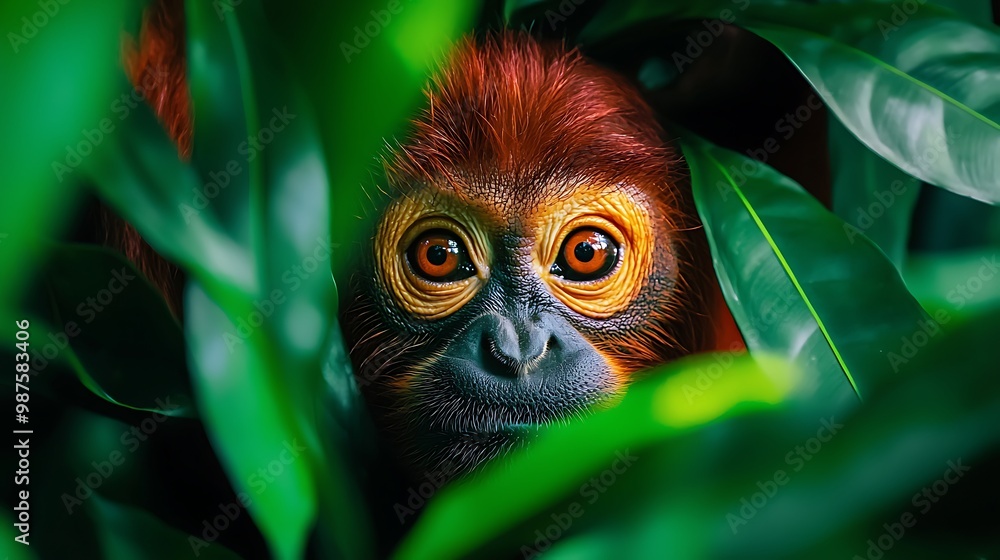 Fototapeta premium A red-headed monkey peeks through lush green leaves, hidden in the rainforest's depths.