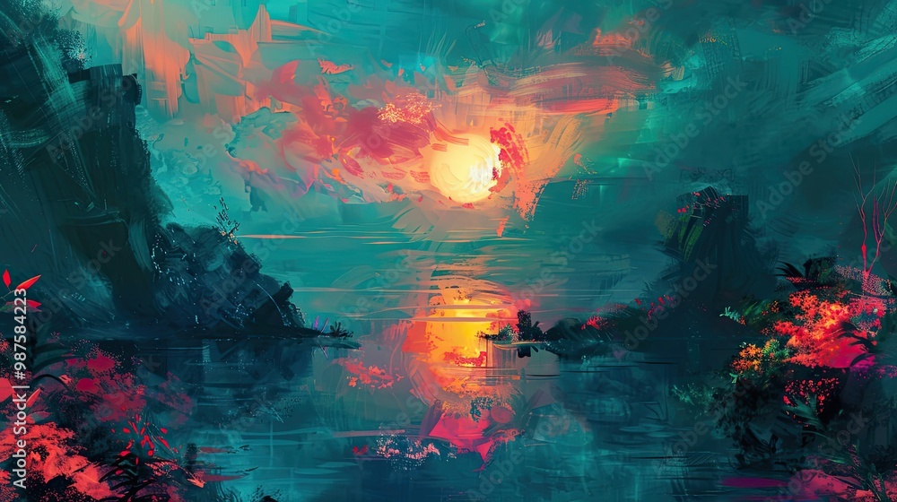 Serene lagoon surrounded by flora depicted with coral and teal strokes under a colorful sunset wallpaper Serene lagoon surrounded by flora depicted with coral and teal strokes under a colorful sunset wallpaper