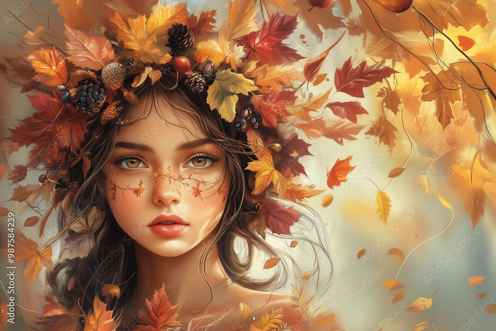 Portrait of a young woman adorned with a crown of autumn leaves and berries, symbolizing the beauty of the fall season. Warm tones and natural elegance highlight her freckled face and serene expressio Portrait of a young woman adorned with a crown of autumn leaves and berries, symbolizing the beauty of the fall season. Warm tones and natural elegance highlight her freckled face and serene expressio