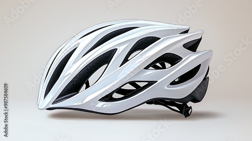 A white bicycle helmet sits against a grey background, sleek and modern. photo