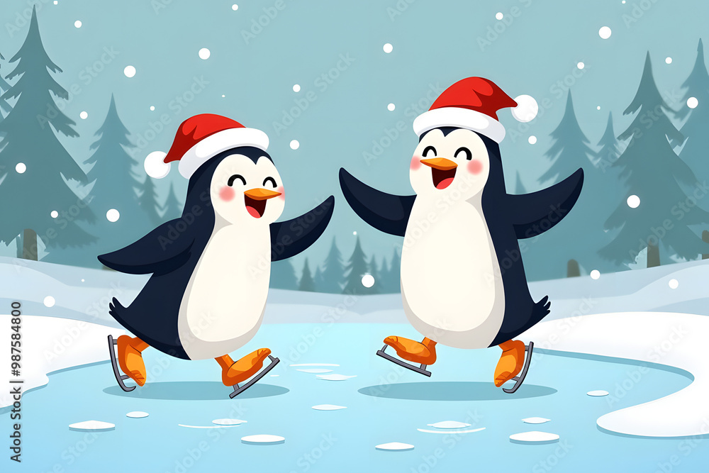 Fototapeta premium Two cheerful penguins wearing Christmas hats ice skating together on a frozen pond 