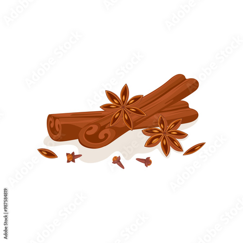Christmas composition. Conifer branches with orange vector illustration. Pine cone, spruce, fir tree branches, cinnamon and rowan. Stock winter nature clipart isolated on white.