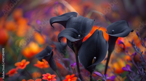 Breathtaking close up photograph of a single black calla lily flower with vibrant colors and dramatic contrast creating a captivating and floral artwork