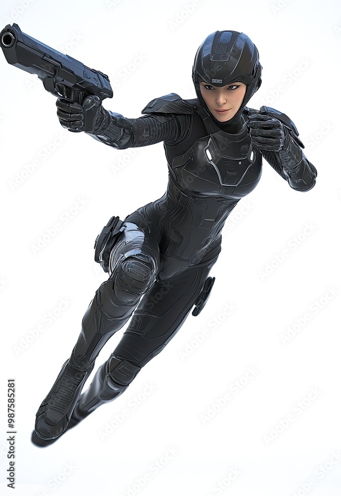 A futuristic female character in a sleek black suit, poised for action with a firearm. A futuristic female character in a sleek black suit, poised for action with a firearm.